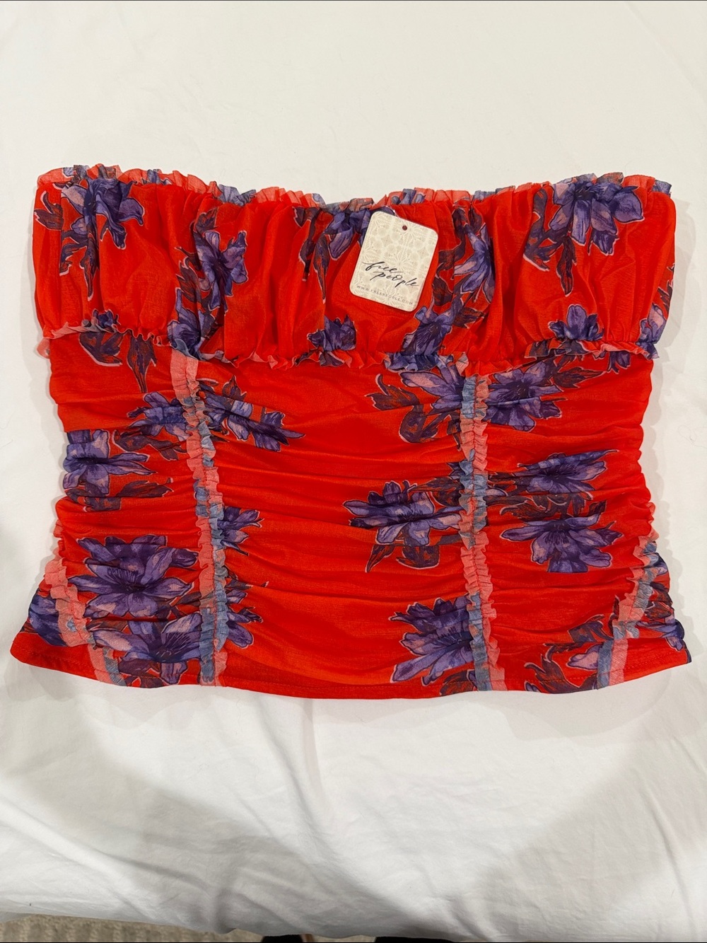 Free People Red Strapless Ruched Floral Tube Top with Purple Blossoms